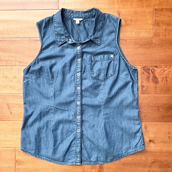 GUESS 100% Cotton Sleeveless Denim Button-Up Shirt Womens XL - Picture 1 of 9